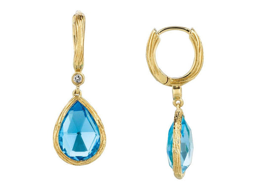 Blue Topaz and White Diamond Dangle Earrings (8.53 CT) in 14K Yellow Gold 