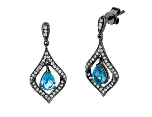Blue Topaz and White Diamond Dangle Earrings (1.24 CT) in 14K White Gold 