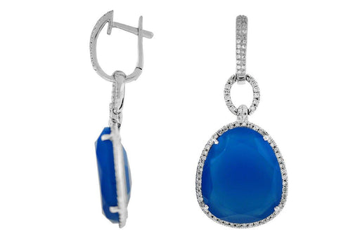 Blue Agate and White Diamonds Dangle Earrings (0.60 CT) in 14K White Gold 