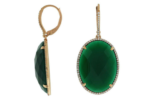 Green Agate and White Diamonds Dangle Earrings (0.45 CT) in 14K Yellow Gold 