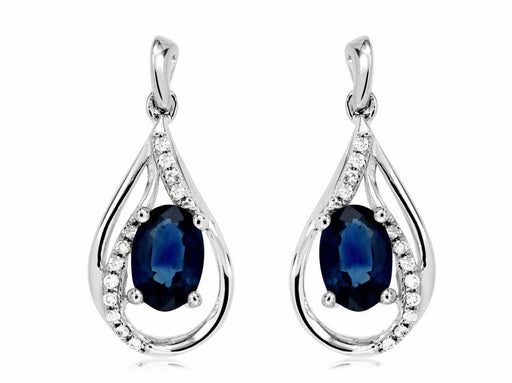 White Diamond and Blue Sapphire Drop Earrings (1.40 CT) in 14K White Gold 