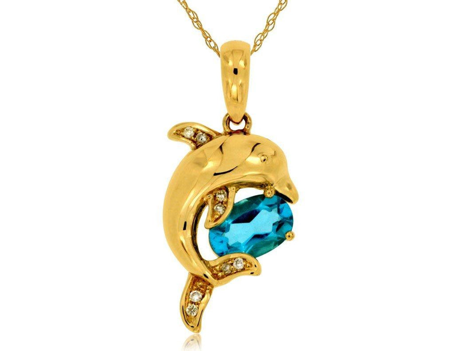 Blue Topaz and White Diamond Pendant (0.58 CT) in 14k Yellow Gold 