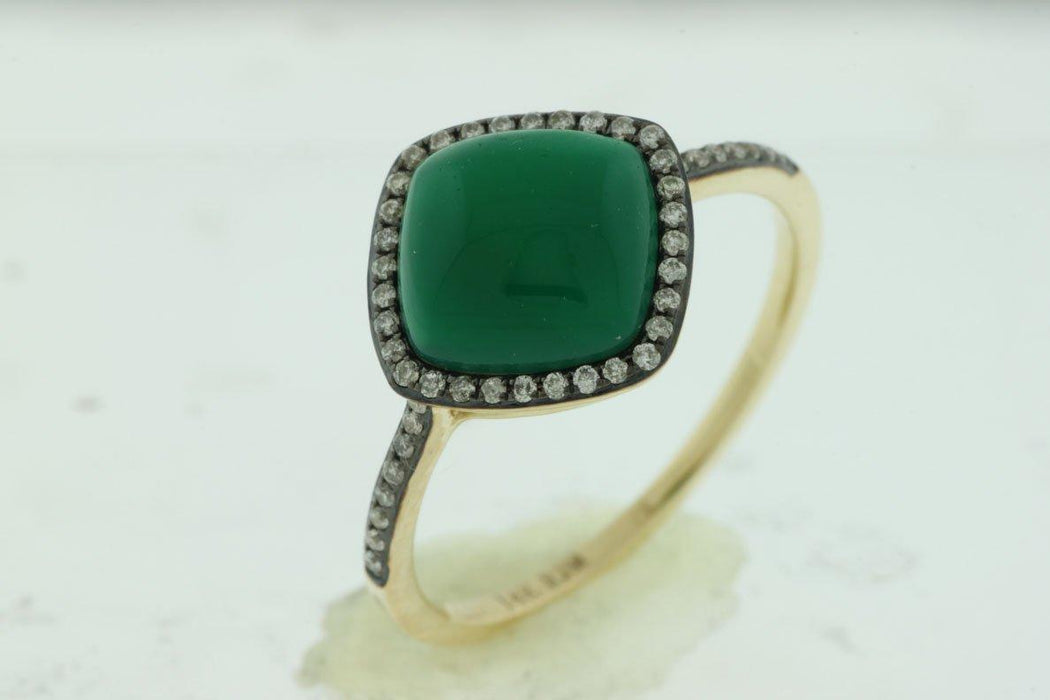 Green Agate and White Diamond Ring (0.14 CT) in 14K Yellow Gold