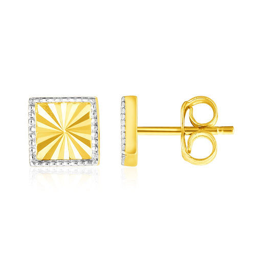 14k Two-Tone Gold Textured Square Post Stud Earrings