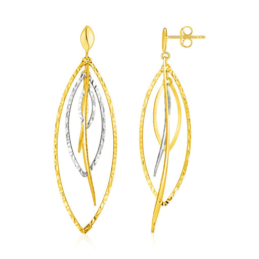 14k Two-Tone Gold Textured and Polished Marquise Motif Earrings