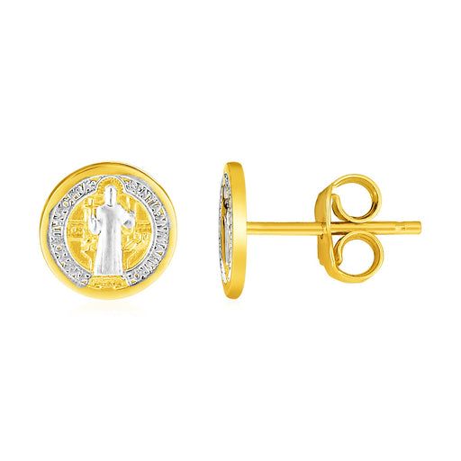 14k Two-Tone Gold Round Religious Medal Post Earrings