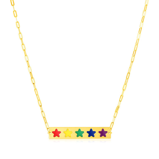 14k Yellow Gold Bar Necklace with Rainbow Enamel Stars