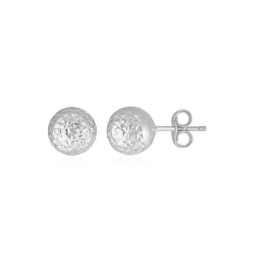 14K White Gold Ball Stud Earrings with Crystal Cut Texture