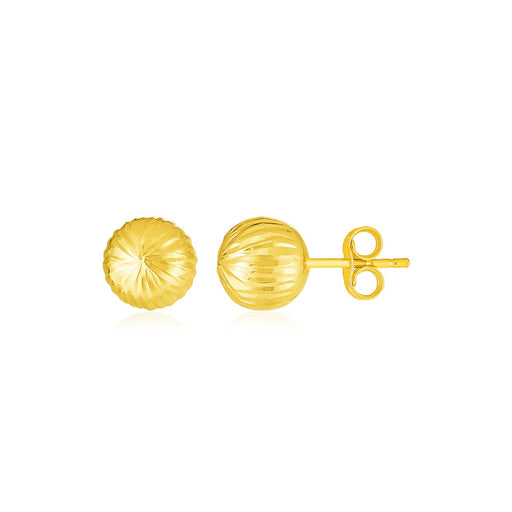 14K Yellow Gold Ball Stud Earrings with Linear Texture
